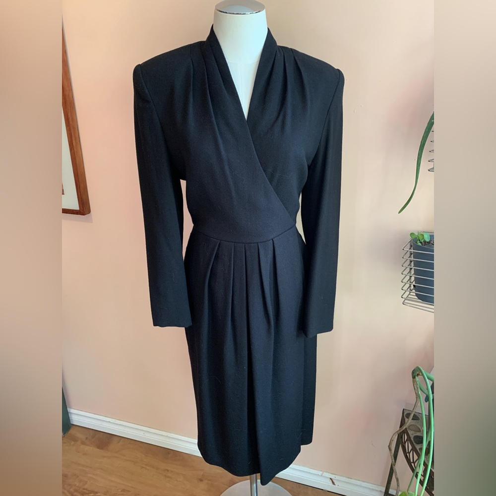 Classic Vintage 80s Black Long Sleeve Wool Professional Power Dress Sz S/M